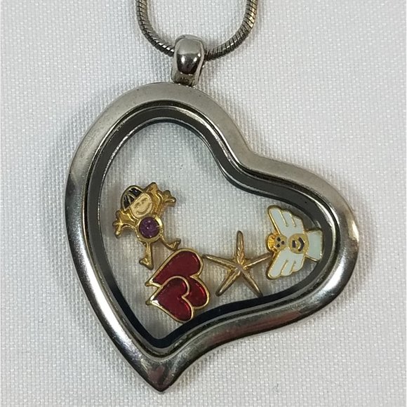 Floating Charm Memory Locket and chain with 4 charms Angel Bee Starfish Hearts - Picture 1 of 6